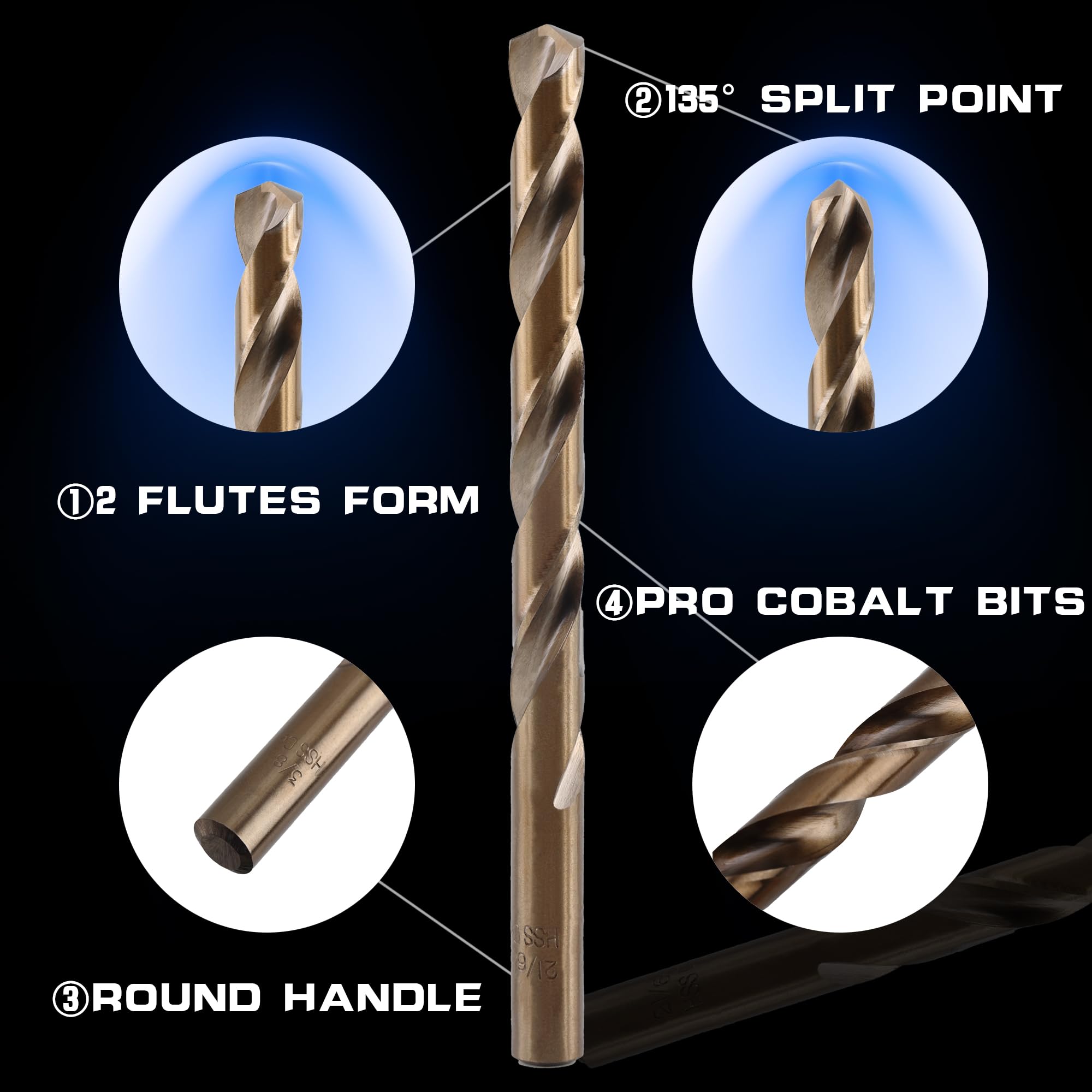 Juego de 29 brocas de cobalto M35 de 1/16 a 1/2 pulgadas, punta HSS de 135 grados con estuche de almacenamiento, kit de brocas helicoidales para hierro fundido, metal duro, acero inoxidable, plástico