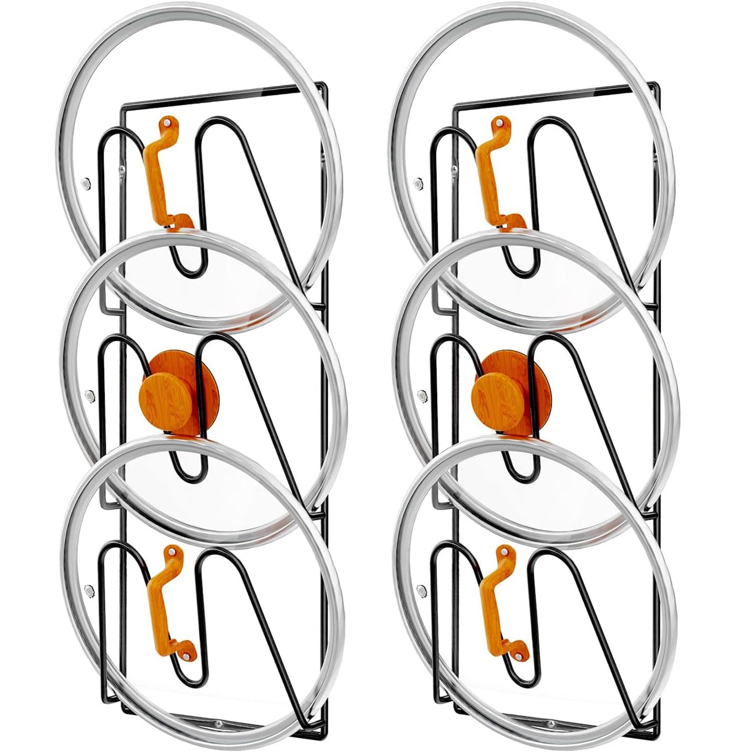 Pot Lid Organizer Rack, 6-Tier Pot Lids Holder for Cabinet Door/Wall, No Drilling Adhesive Wall/Door Mounted Rustproof Pot and Pan Cover for Kitchen Storage, Classic Black, Pack of 2