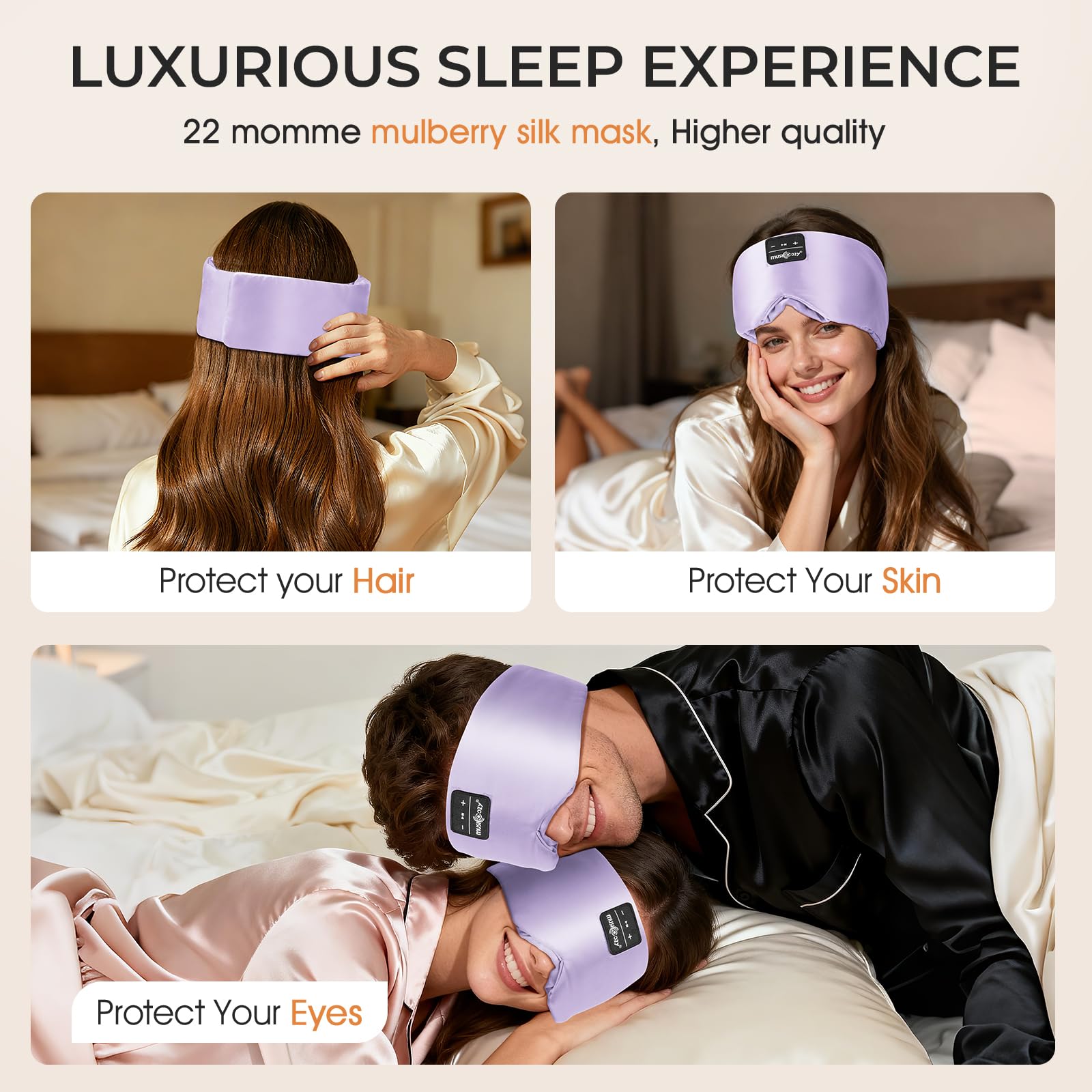 MUSICOZY Máscara de seda para dormir, seda de morera pura, 100 % opaca, máscara de ojos profundos 3D con auriculares, ultra suave y cómoda, transpirable, con tiempo de reproducción de 14 horas y