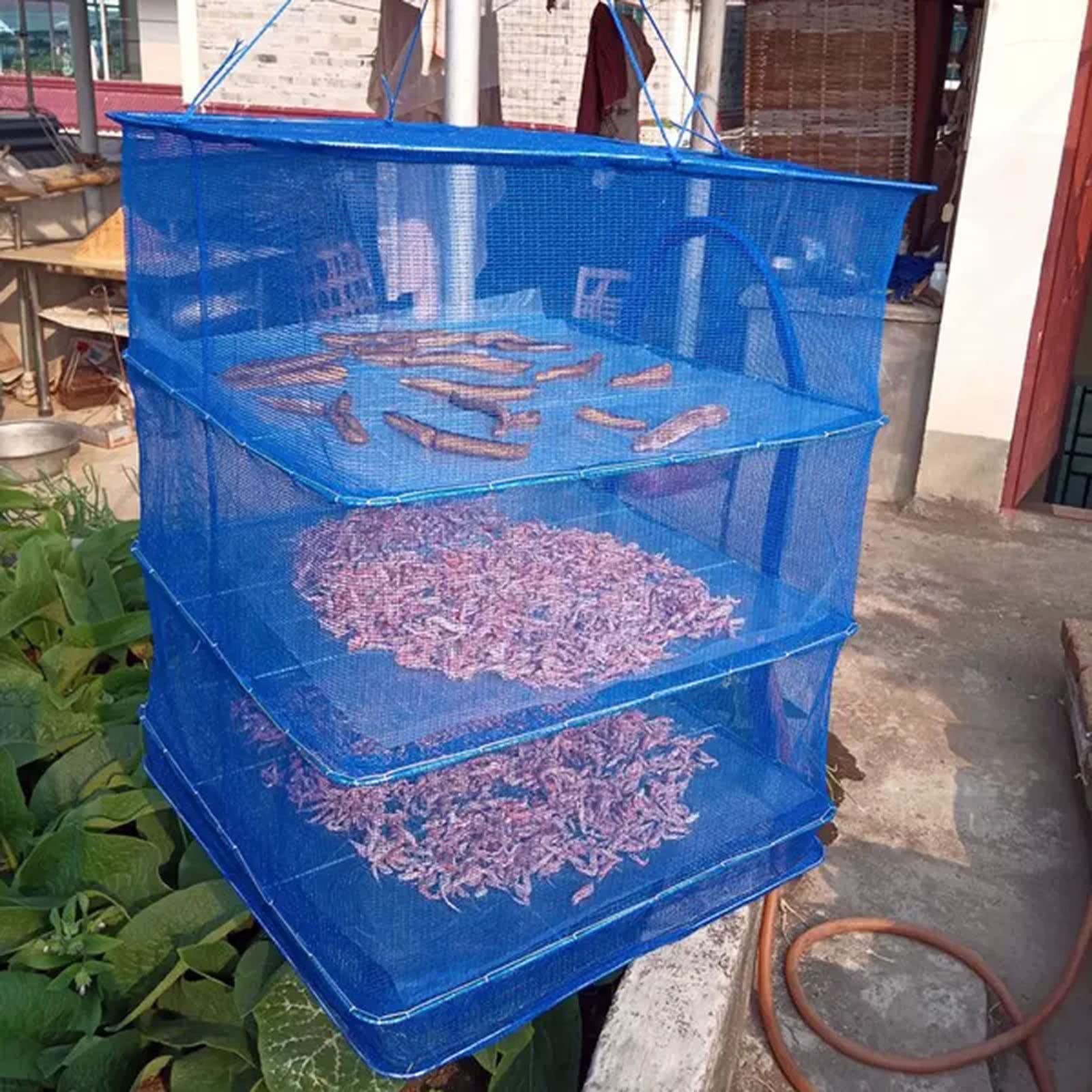 Hängend Trocknen Gestell Netz 3 Lagen Fleisch Trocknen Netz Falten Gemüse Fisch Teller Gittergewebe Mit Reißverschluss(Size:50x65cm,Color:Blau)