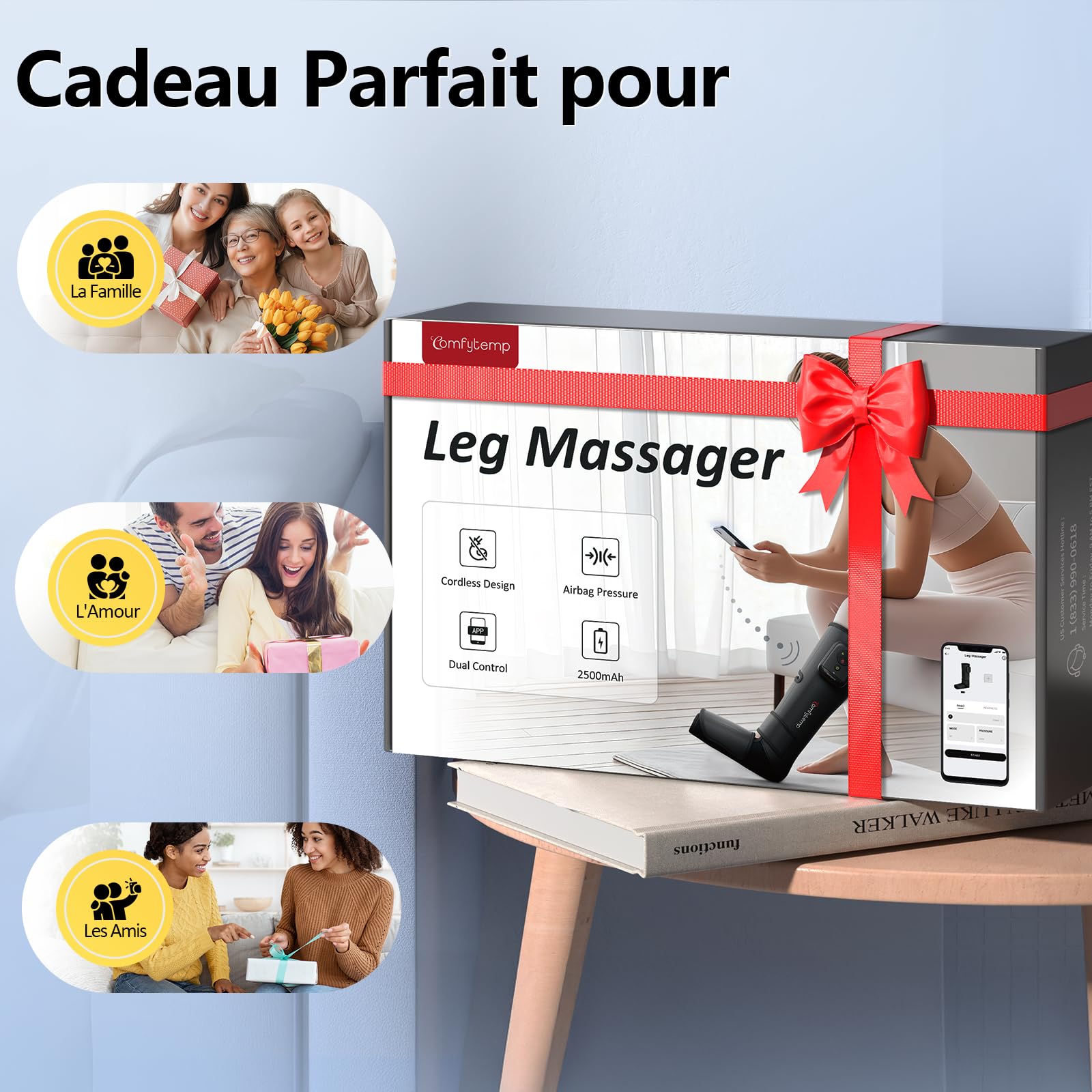 Comfytemp Massage Jambes Bottes Pressothérapie sans Fil pour Douleur et Relaxation, Massage par Compression, Batterie 2500mAh, Réglages DIY Masseur pour Jambes et Pieds, Idée Cadeau pour Maman, Papa