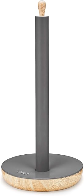 Tower T826033G Kitchen Roll Holder, Scandi Range, Fits Standard Roll Sizes, Anti Slip Base, Steel Inner Pole with Matte Plastic Coating, Wood Effect Accents, Grey, One Size