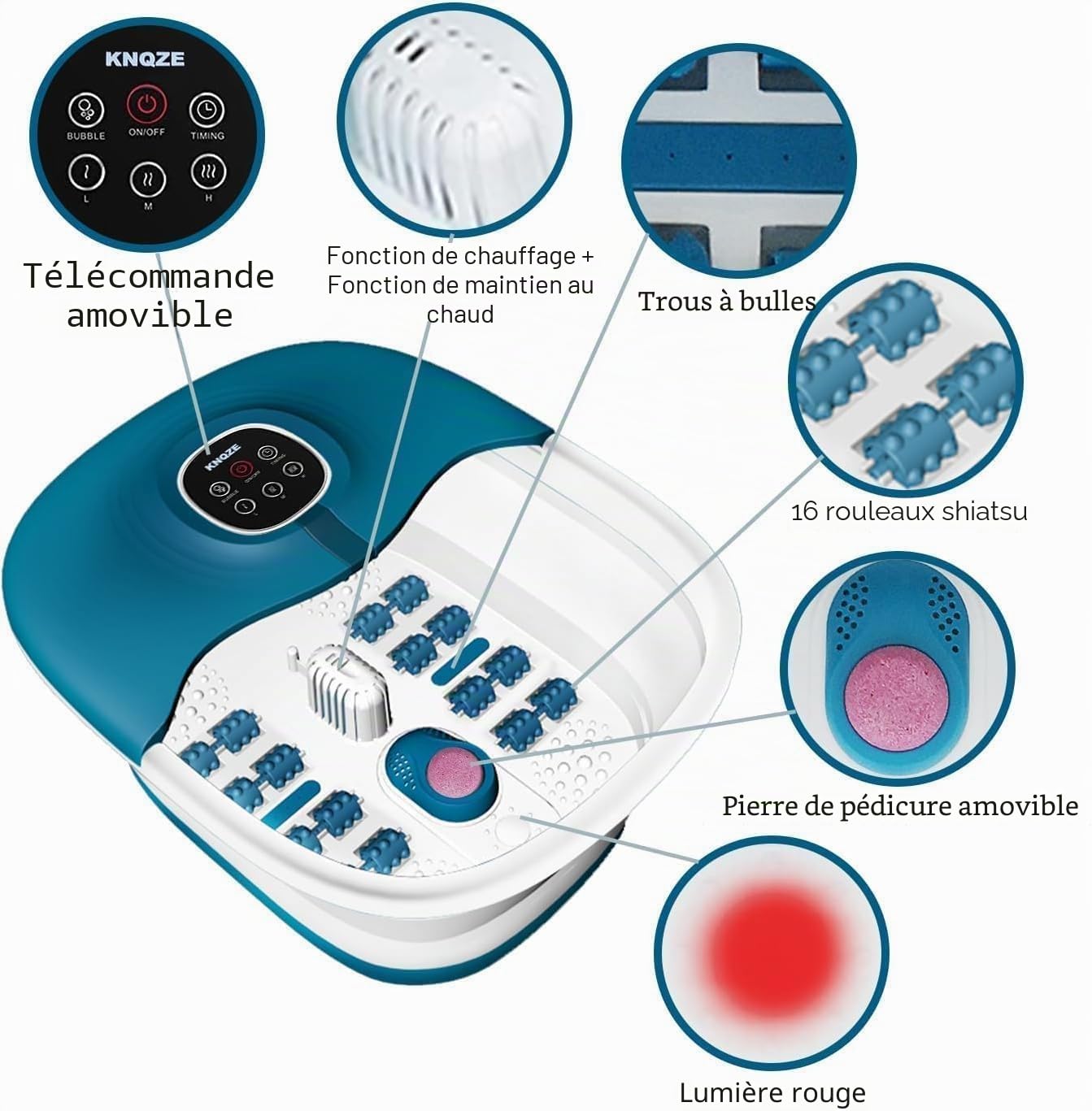 KNQZE Bain de Pied Massant Chauffant, Pliable Spa Pieds Bain Massage avec Télécommande, Minuterie, Vibration, Pierre Ponce, Balneotherapie Pieds avec 16 Rouleaux de Massage, Bleu