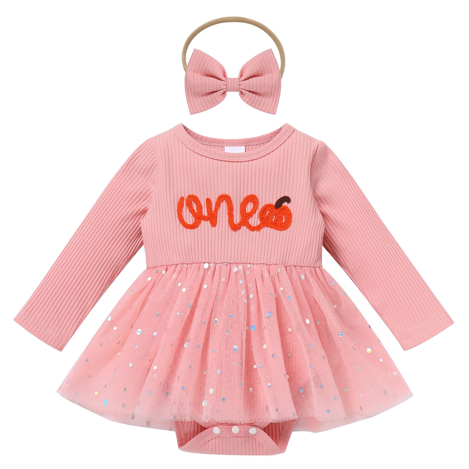 IMEKIS Fall Pumpkin First Birthday Outfit Girl: 1st Birthday Cake Smash Photoshoot Bubble Romper Tutu Dress Long Sleeve Autumn Toddler Baby Thanksgiving Themed Party Pink Pumpkins One 12-18 Months