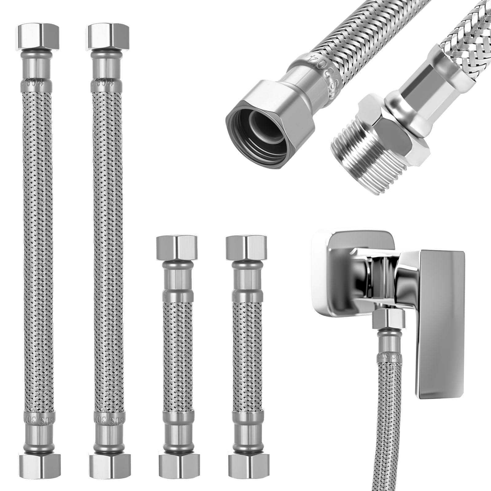 4 Pcs Kitchen/Basin Hose Pipe Flexible Tap Connectors Tap Tails, 3/8 BSP Stainless Steel Flexible Hose Pipe for Kitchen Tap Sink Mixer Tap Bathroom Pipes Tails(10cm, 20cm)