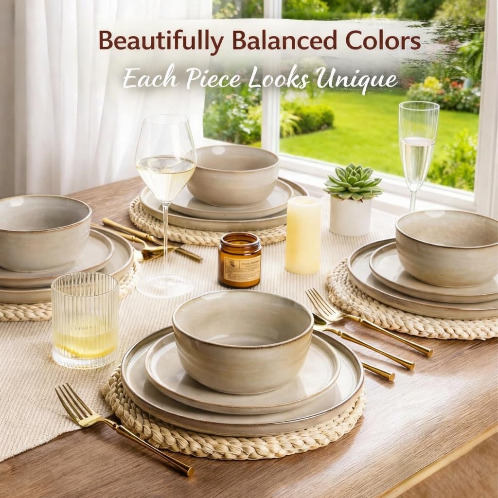 AmorArc Stoneware Dinnerware Sets,Round Reactive Glaze Plates and Bowls Set,Highly Scratch Resistant | Dishwasher & Microwave Safe Dishes Set,Service for 4 (12pc)
