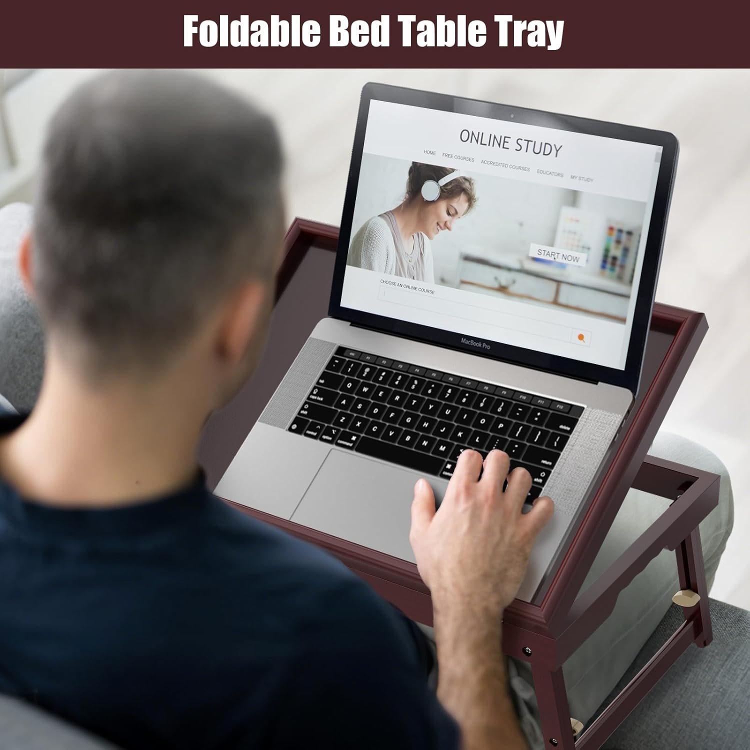 2 Pack Bamboo Adjustable & Foldable Bed Tray Table with Ergonomic Handle, 17x12in Breakfast Tray for Eating, Laptop Desk, Sofa Snacking, Non-Slip Surface (Mahogany)