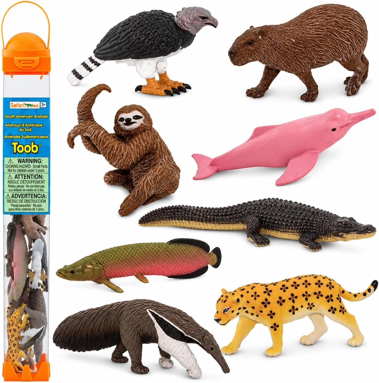 Safari Ltd. South American Animals TOOB - Toy Figurines of Jaguar, Sloth, Harpy Eagle, Giant Anteater, Capybara, Arapaima, Boto (Pink River Dolphin), & Caiman - Boys, Girls & Kids Toys Ages 3+