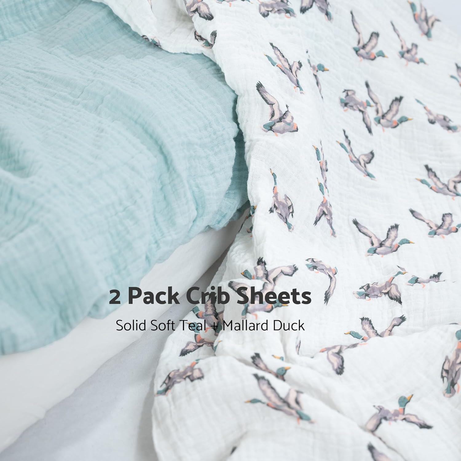 LollyBanks Muslin Crib Sheets 2 Pack, Soft and Breathable Baby Crib Sheets for Standard 52 x 28 inches Mattress, 100% Cotton Neutral Baby Bed Sheet, Infant Registry (Mallard Duck and Solid Green)