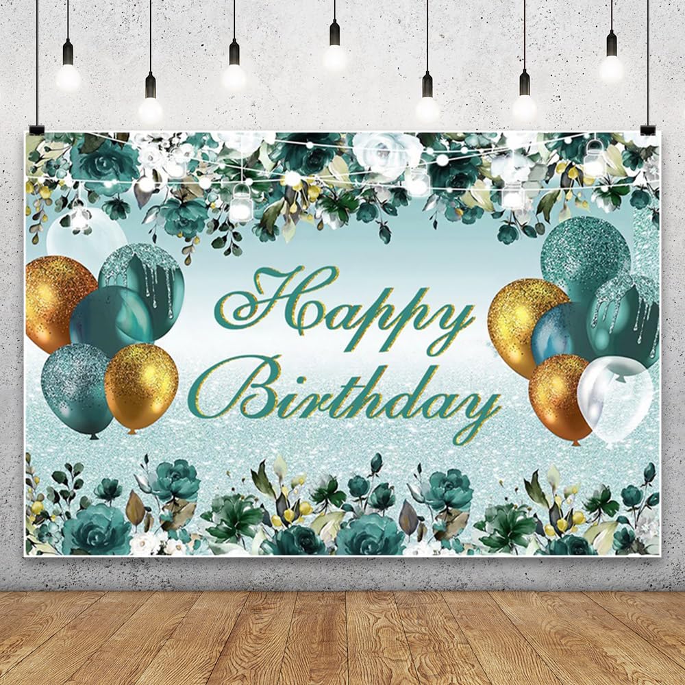 7x5ft Happy Birthday Backdrop for Women Floral Blue Gold Flower Glitter Birthday Banner Backdrops for Photography Background Sign Decorations for