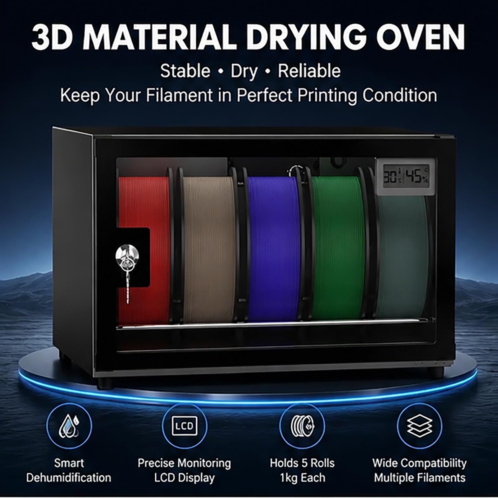 Control de gabinete deshumidificador de filamentos para impresora 3D con humedad y bloqueo seguro, caja de almacenamiento de filamentos de 25L, capacidad para 5 rollos para PLA/ABS/PETG