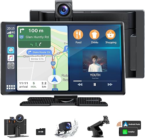 HOTPEAK Apple Carplay inalámbrico y Android Auto con cámara de 2.5 K, pantalla Carplay portátil de 9 pulgadas con cámara de respaldo de 1080p,