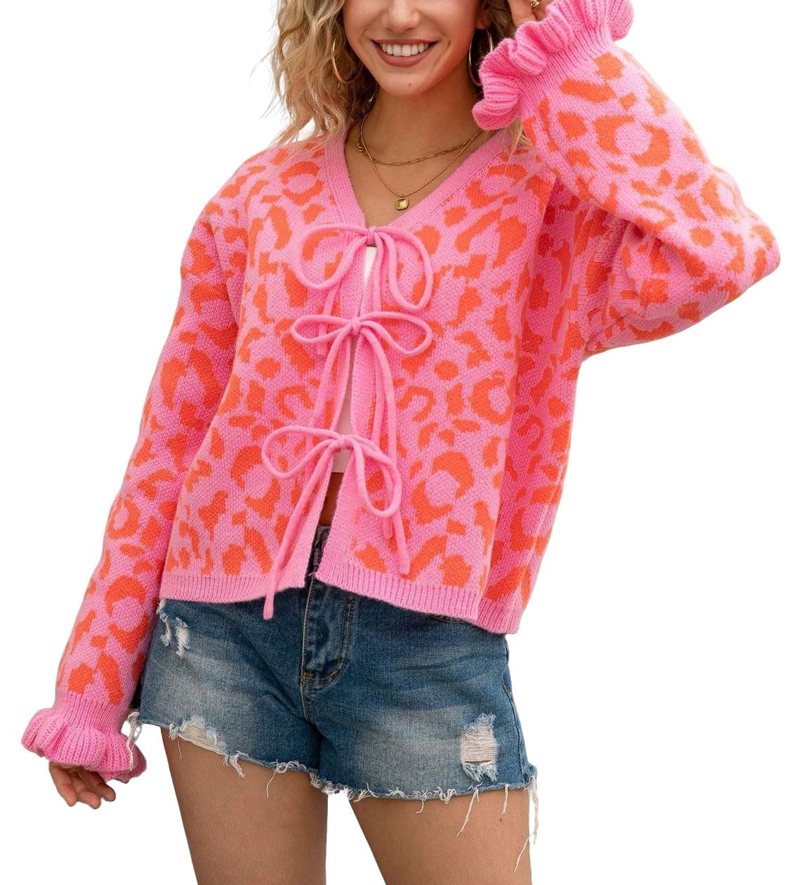 Womens Leopard Cardigan Sweaters Bow Tie Front V Neck Color Block Cropped Tops Casual Knit Sweater