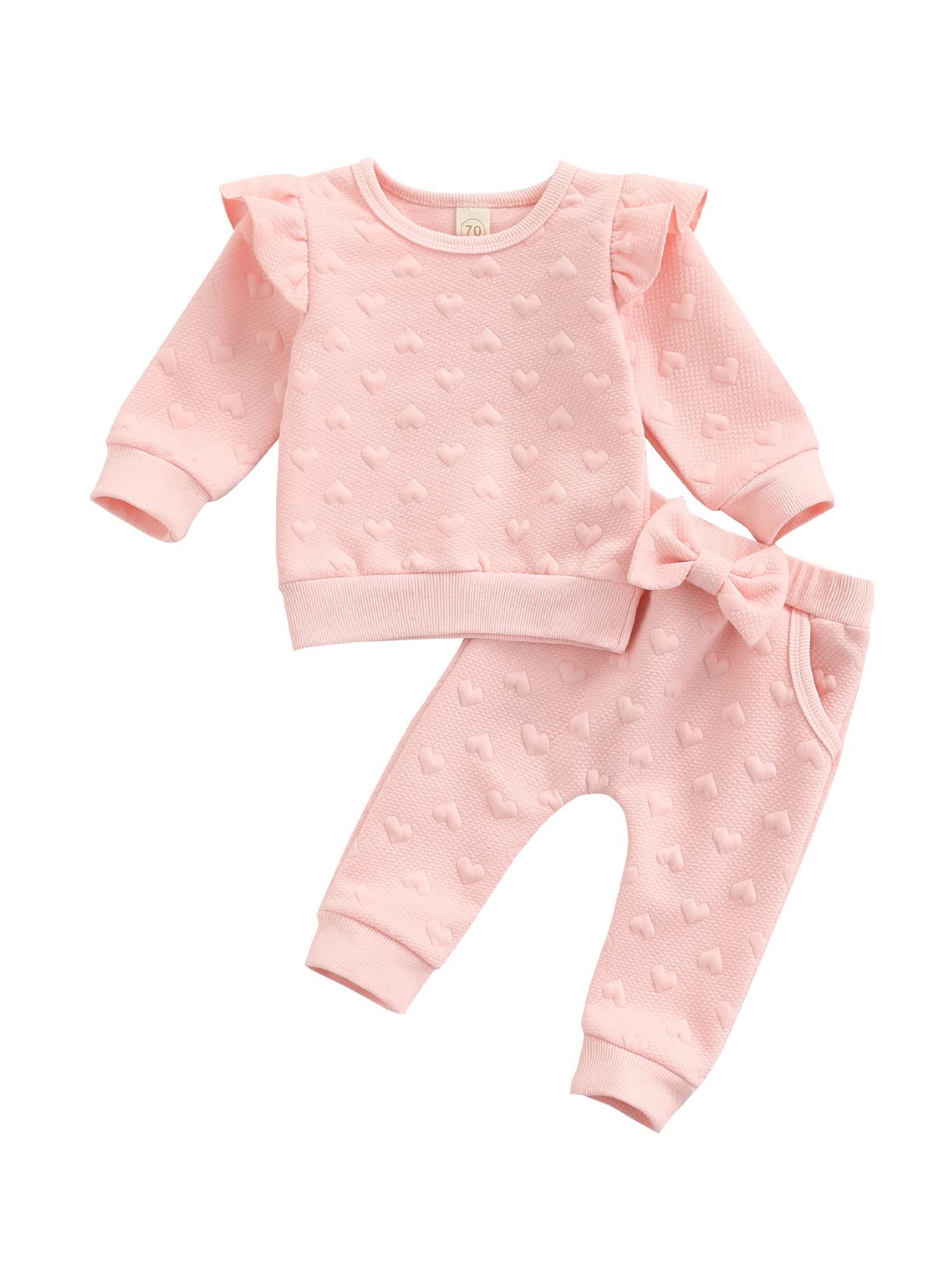 QHQQXN Outfit Pantaloni Sportivi per Bambina Completi con Stampa di Cuori Carini Top a Maniche Lunghe con Volant e Pantaloni Set Completo per San