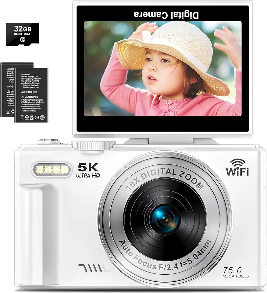 Câmera digital, vídeo de 5k, câmera de 75 megapixels, transmissão Wi-Fi, foco automático, tela giratória de 180 graus, zoom digital de 18x, cartão SD de 32G,câmera compacta,vlog,fotográfica Branco