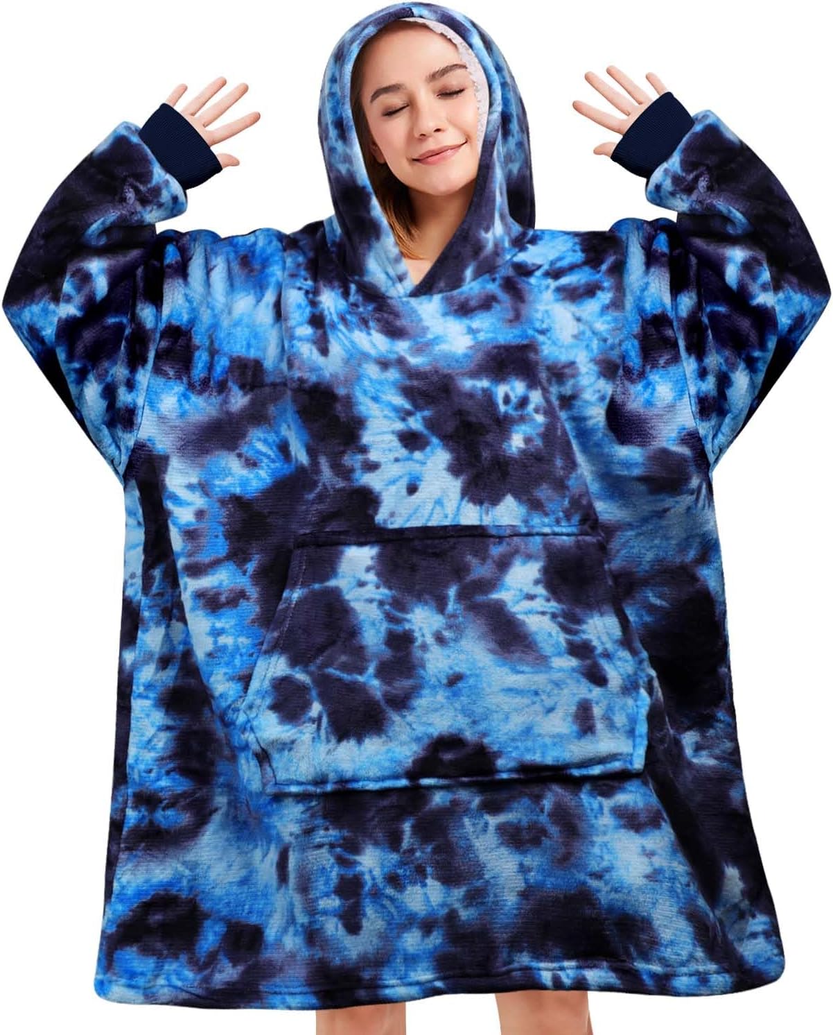 Wearable Blanket Hoodie Gifts for Adults Mom Women Men Oversized Fluffy Hoodie Cozy Hideout Hoodie Sweatshirt Sweater Blanket with Pocket (Tie-Dye-Blue)