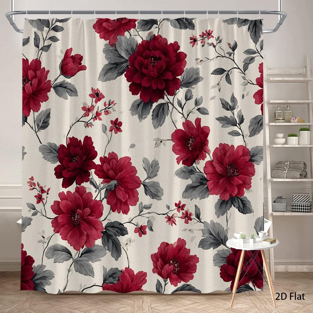 GLWDMB 1 Piece 150x180CM Red Floral Printed Shower Curtain With Hook, Polyester, for Windows And Walls, Bathtub, Bathroom, Machine Washable, All Season Universal