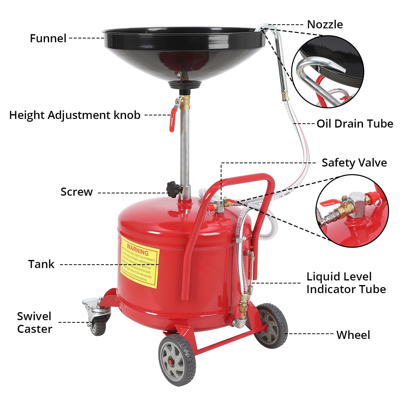 Serbatoio Scarico Olio esausto Portatile – 30L, Ruote robuste, Imbuto Regolabile, Funzionamento Pneumatico, indicatore Livello – per officine Auto e Garage – capacità: 30 L