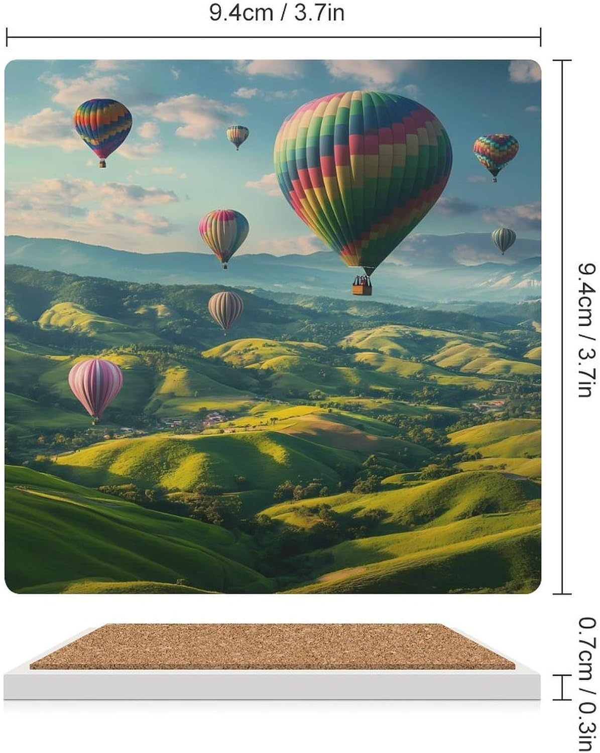 Hot-Air Balloons Coasters for Drinks Square Ceramic Coasters Cup Mats with Cork Base