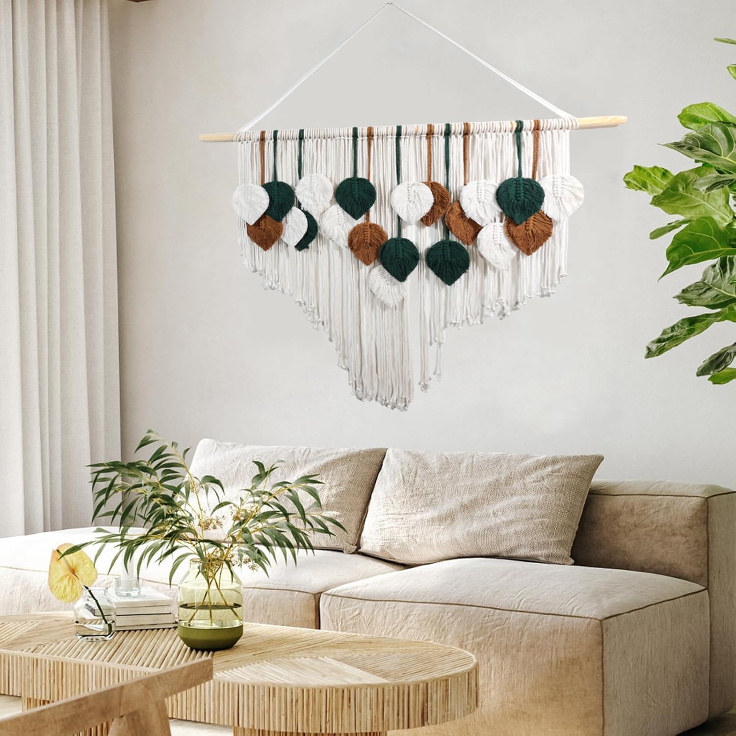 OUEST Large Macrame Wall Hanging Boho Woven Tapestry, Handmade Leaf Feather Bohemian Wall Art Decor, Chic Modern Home Decor for Living Room Bedroom Nursery Dorm Apartment Backdrop 39" W x 29.5" L