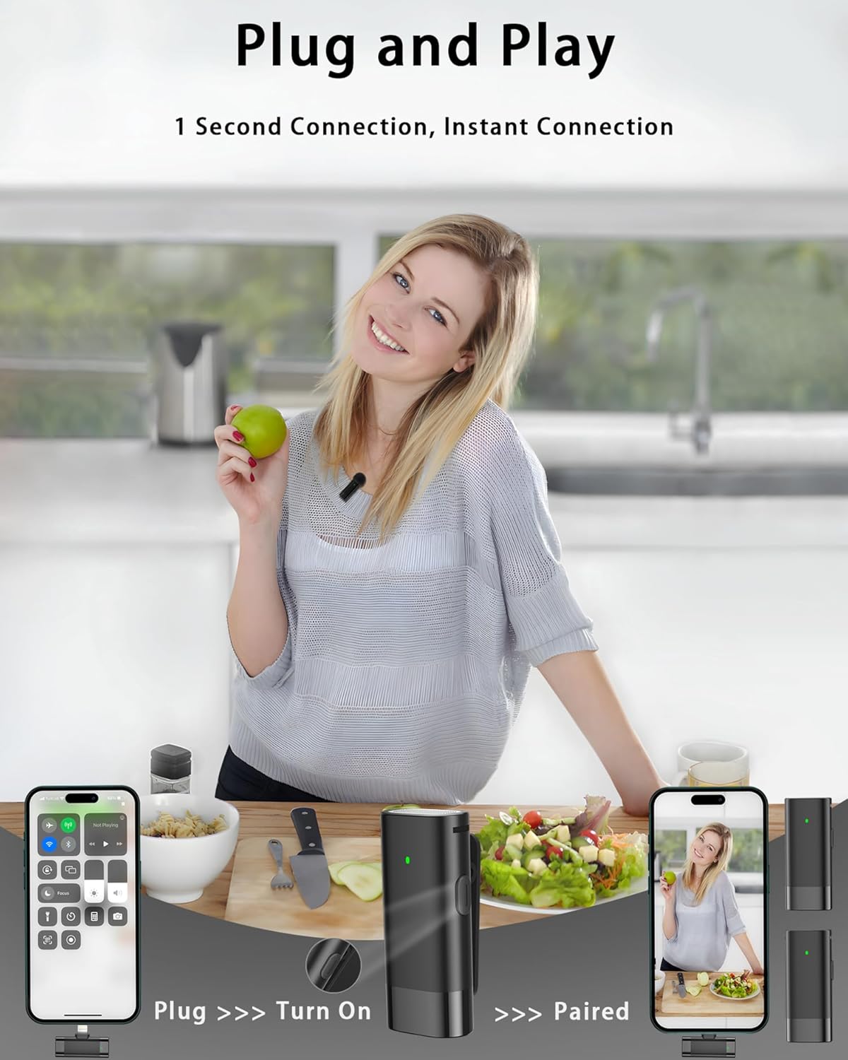 Wireless Lavalier Microphone for iPhone 15/16 Cell Phone Mini microfono inalambrico Lapel Mic with 100ft Range 50H Battery Charging Case for Vlogging Vlog Video Recording (USB-C&Lightning, Black)