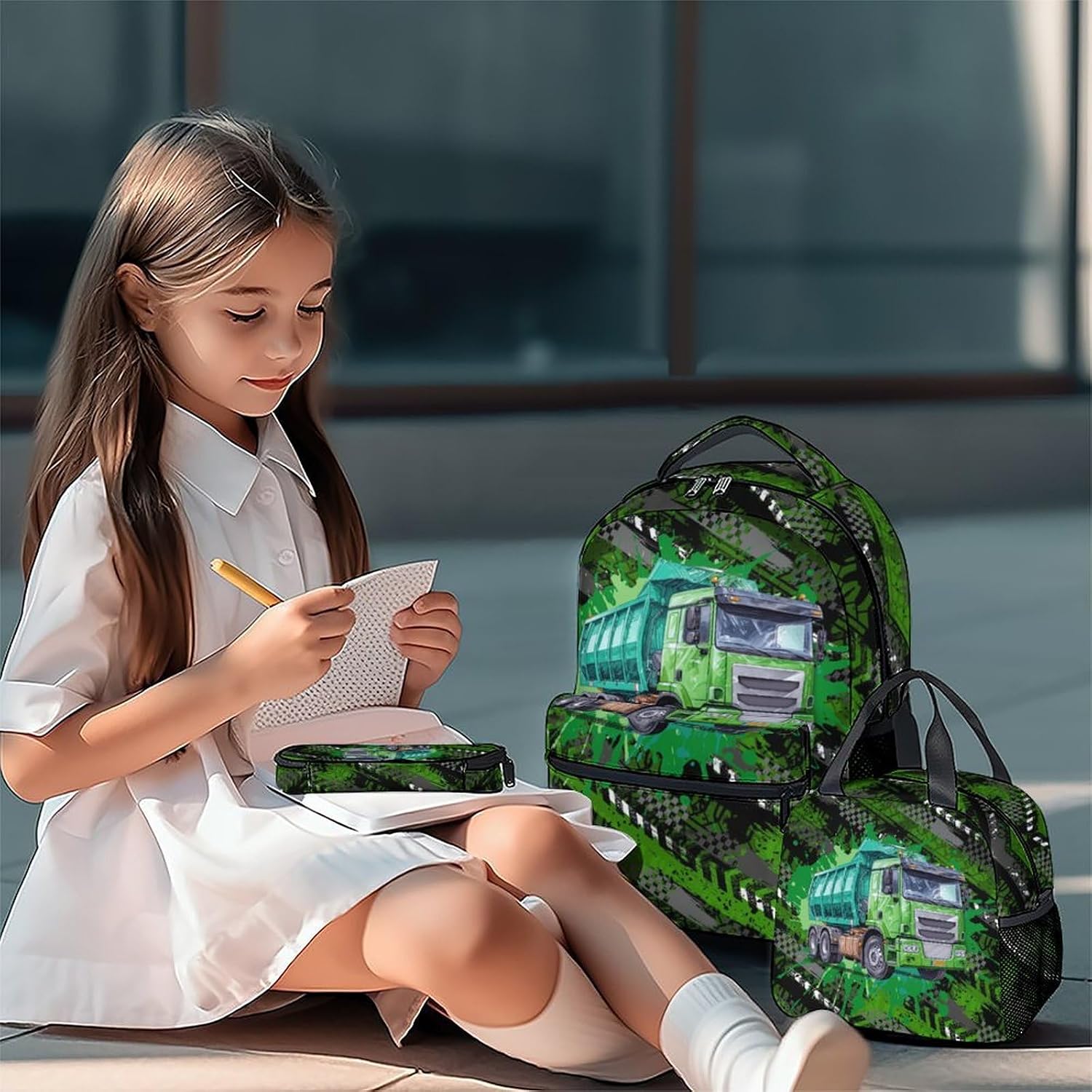 Mercuryelf Boys Backpack with Lunch Box - 17 Inch Garbage Truck Backpacks Set for School - Cool Bookbag with Lunch Bag and Pencil