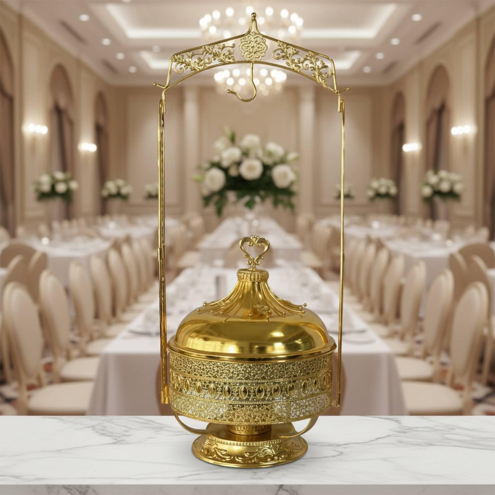 Qianly Chafing Dish Buffet Scalda Buffet Vassoio Servizio Riscaldatore Pietanze in Acciaio Inossidabile Finitura Oro Capacità 8L Adatto per Catering Eventi, 8L, Coperchio Combinato In Vetro Piccolo