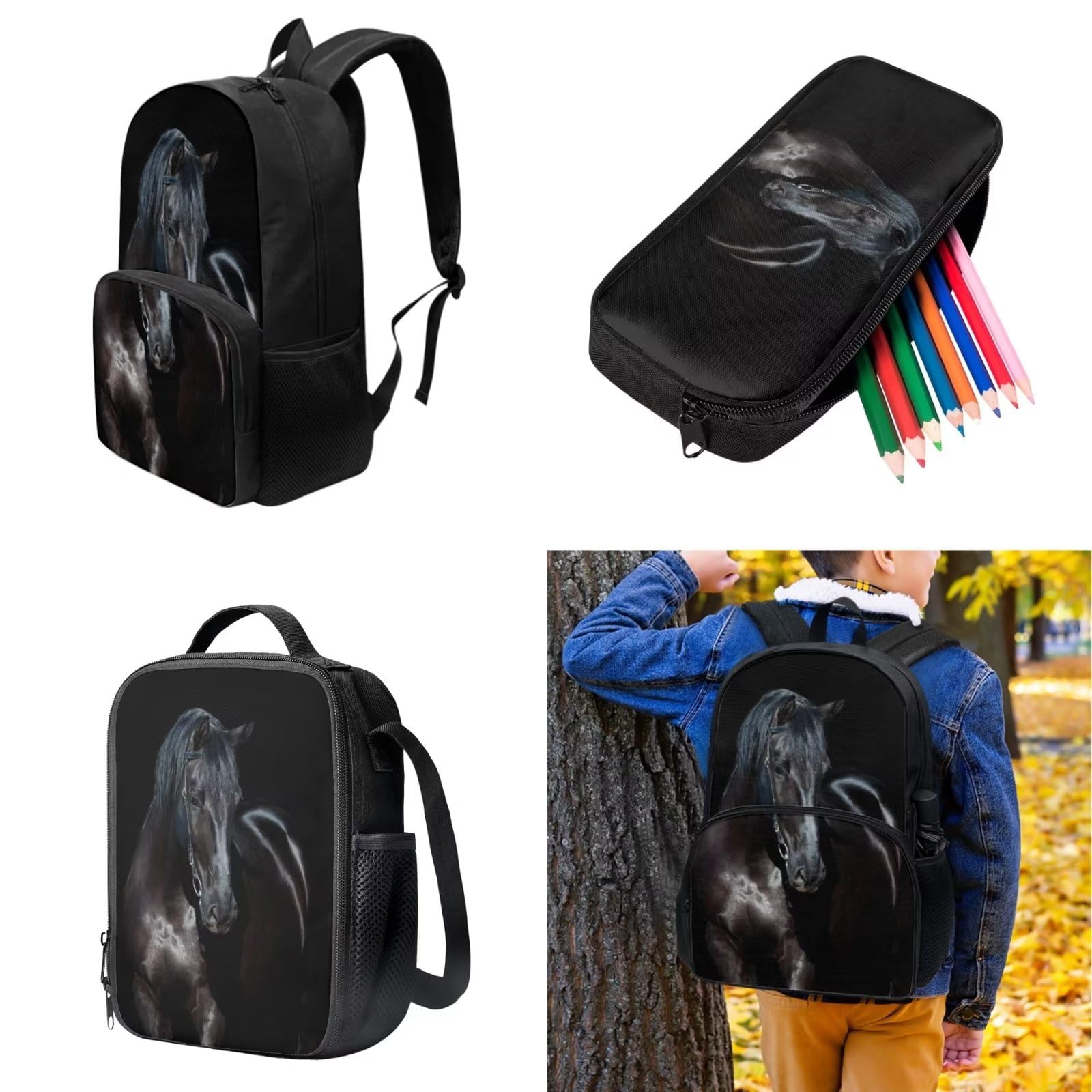 POLERO Juego de 3 bolsas escolares con impresión 3D para el almuerzo, estuche para lápices, Caballo Negro, Talla única, Mochila infantil