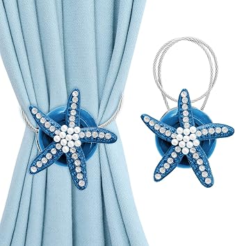 Curtain Tiebacks, Magnetic Curtain Ties, Set of 2 Starfish Pearl Curtain Holdback Hooks Clips Small Boho Decorative Window Drapery Buckle Holder, Tie Backs for Curtains, Navy Blue