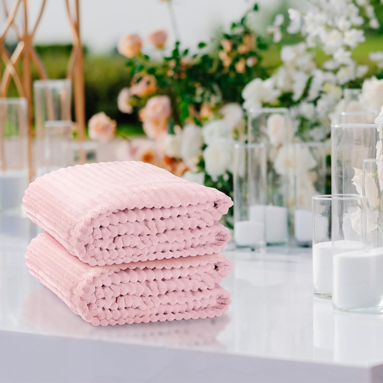 Buryeah 6 Pcs Flannel Throw Blanket Bulk 50 x 60 in Sleepover Blanket Outdoor Wedding Throw Lightweight, Oeko-tex Standard 100 Certified for Sofa Homeless Gifts (Light Pink) - Image 6