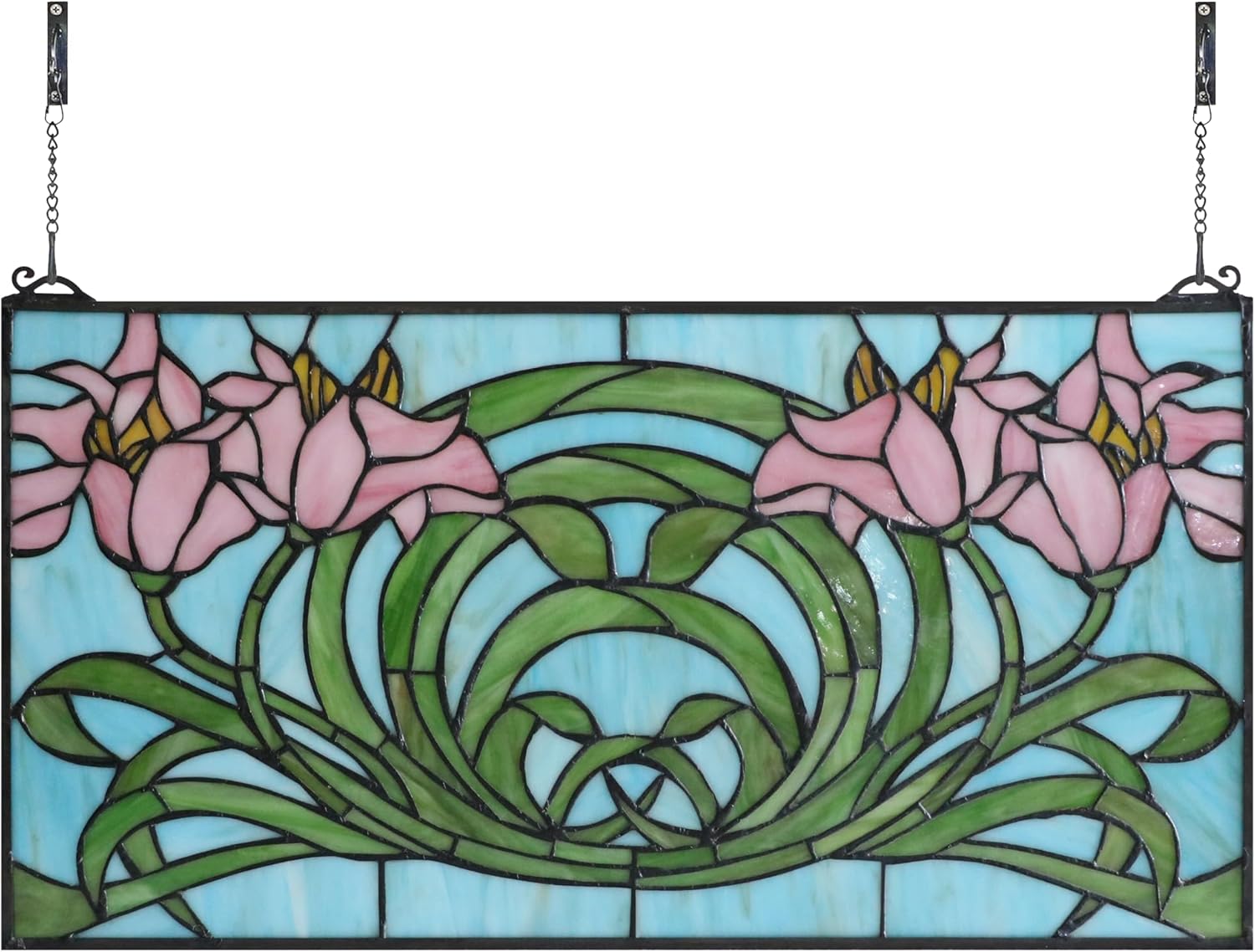 Yogoart Rectangle Horizontal 23 Inch Orchid Stained Glass Window Panels Hanging Transom Window 12 Inch Wide Panels with Hanging Chain