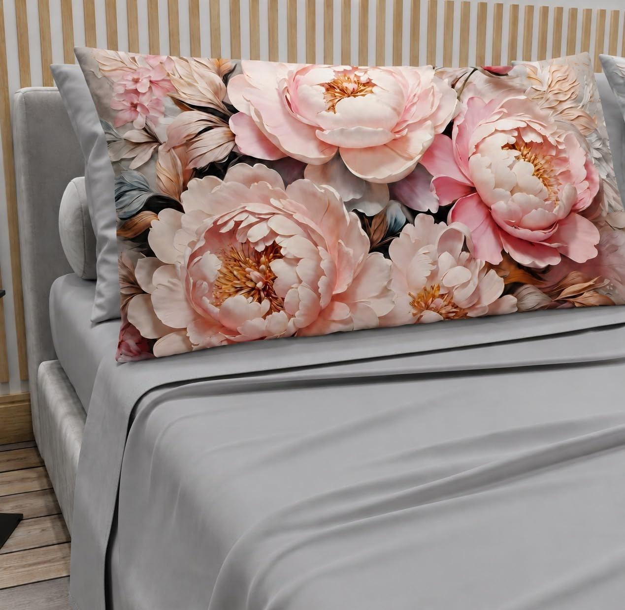 Completo Lenzuola Matrimoniale in Puro Cotone, Made in Italy - 4 Federe 50x80 cm (2 Cotone Tinta Unita e 2 Microfibra con Disegno) - Set Letto con Lenzuolo Sopra e Sotto con Angoli (Peony Grigio)