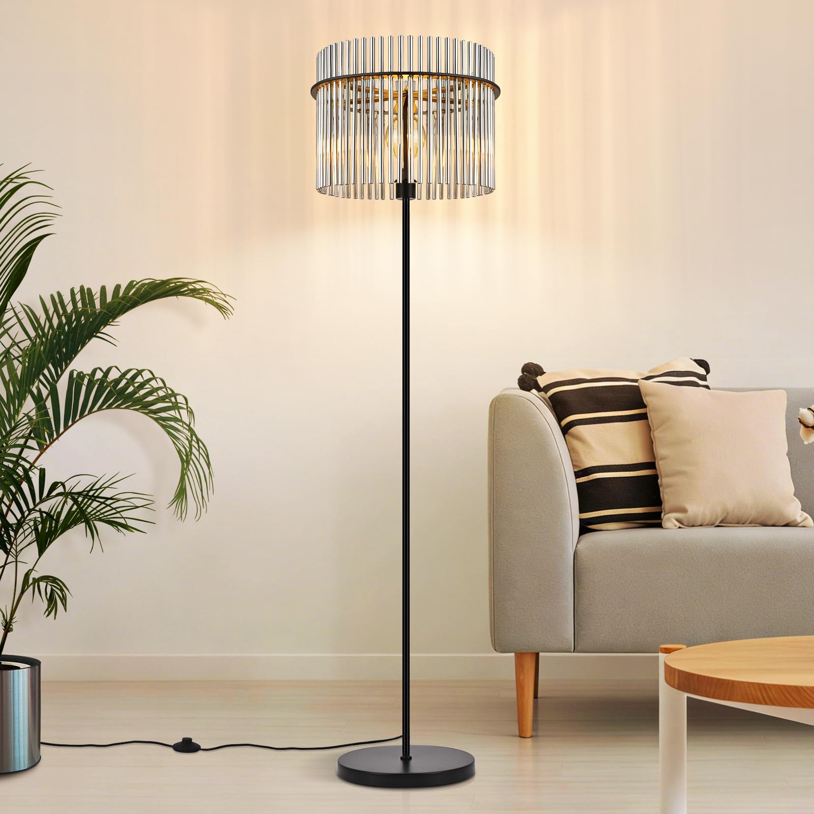 Stehlampe Schwarz Stehleuchte Glas Standleuchte Wohnzimmer E27 | mit Fußtaster Leselampe Modern Wohnzimmerlampe Stehend für Schlafzimmer Kinderzimmer Büros(Ohne Leuchtmittel)