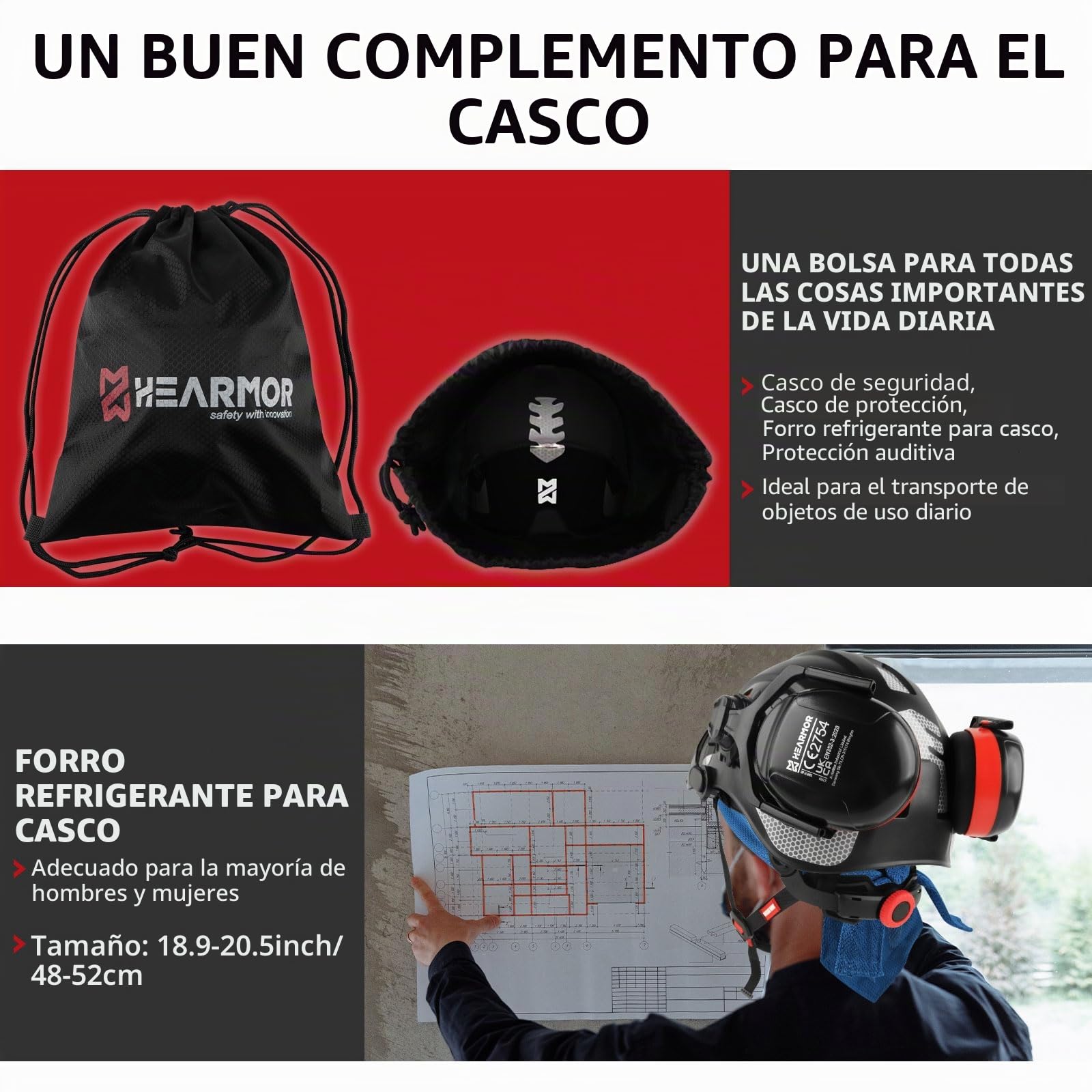 HEARMOR Casco 3 en 1 con protección auditiva y visera, casco de trabajo certificado EN 397 para trabajos forestales, construcción y escalada, incluye bolsa portátil y forro refrigerante