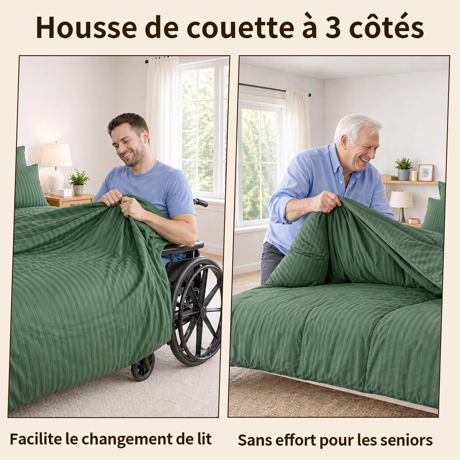 3 cremalleras laterales de 200 x 200 cm 3 piezas – 1 funda nórdica de 220 x 240 cm, 2 fundas de almohada de 80 x 80 cm Easy Bedding suave antiestático poliéster reversible – Verde militar