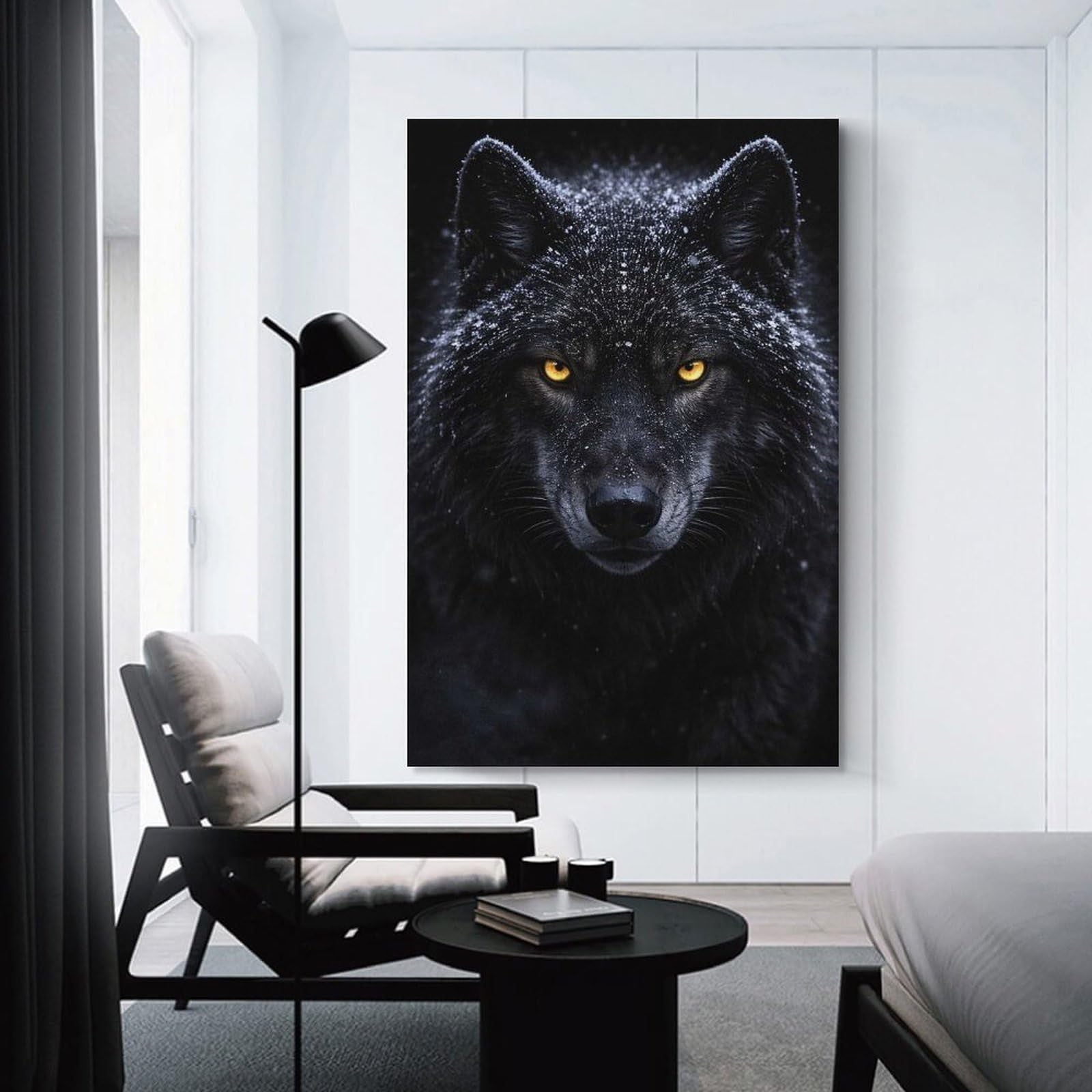 Junmoney Canvas Art Print Black Wolf with Glowing Yellow Eyes, 24x36inch(60x90cm), for Home Office, Desk Area Or Studio, Wall Art That Adds Style to Work Areas