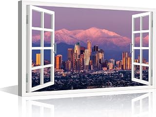 TUMOVO American Cityscape Wall Art for Living Room Downtown Los Angeles Skyline Picture Fake Window with Picture Los Angeles California Hollywood Canvas Paintings Stretched Ready to Hang, 16" Wx24 H
