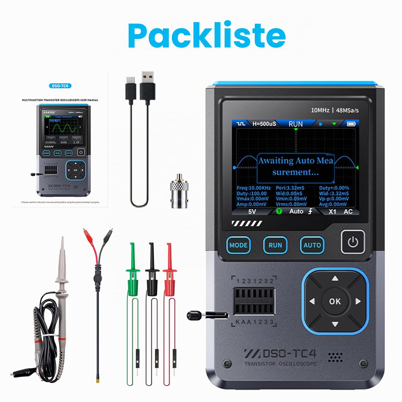 Oszilloskop Multimeter, 3 in 1 Handheld Oscilloscope mit 10MHz Bandbreite, 48MSa/s Abtastung, 2.8" TFT Display Signaenerator, USB Transistor Tester