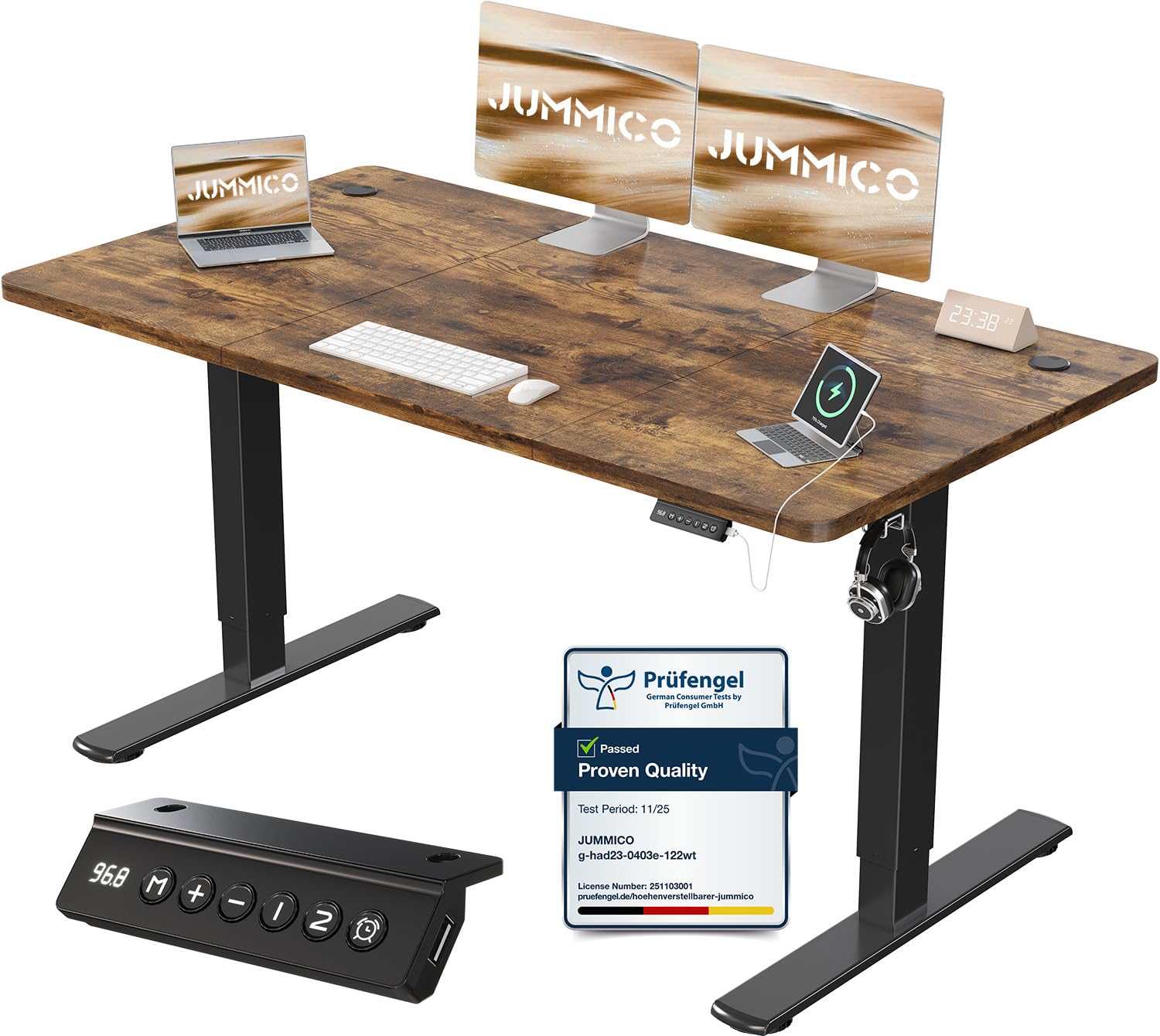 JUMMICO Scrivania Regolabile In Altezza Elettrica,140 x 60 cm,Pannello 6 Tasti Con 4 Memorie Di Altezza E Porta USB, Scrivania Da Computer Marrone,Avviso Di Pausa Per Sedentarietà
