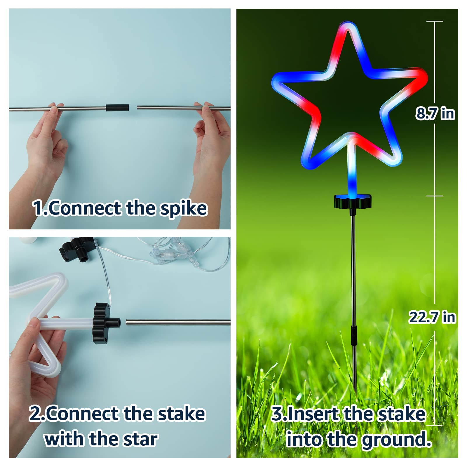 BlcTec 4th of July Decorations, 4PCS Red White and Blue Lights with Stainless Steel Stakes, 4 Big LED Neon Stars Patriotic Lights with Waterproof for Independence Day Garden Yard Lawn Decor, Plug in