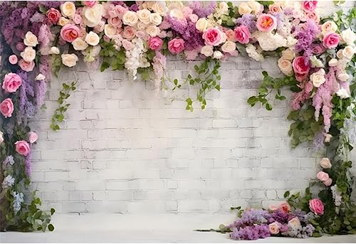 YongFoto Fondo de pared de ladrillo blanco retro con arco floral de 9 x 6 pies, flores de rosa, hojas de vid, fondo de fotografía, cumpleaños,