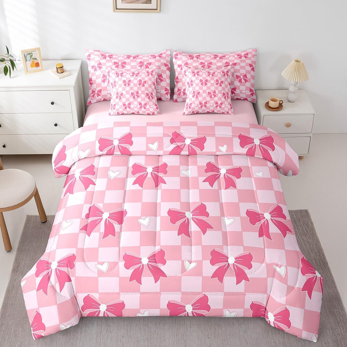 jejeloiu 7 Piece Bow Print Bed in a Bag Full for Boys Kids Cute Bowknot Sheet Set,Pink Bow Bed Set for Girls Women Bow Bedding Set with Comforter Princess Style Cushion Covers