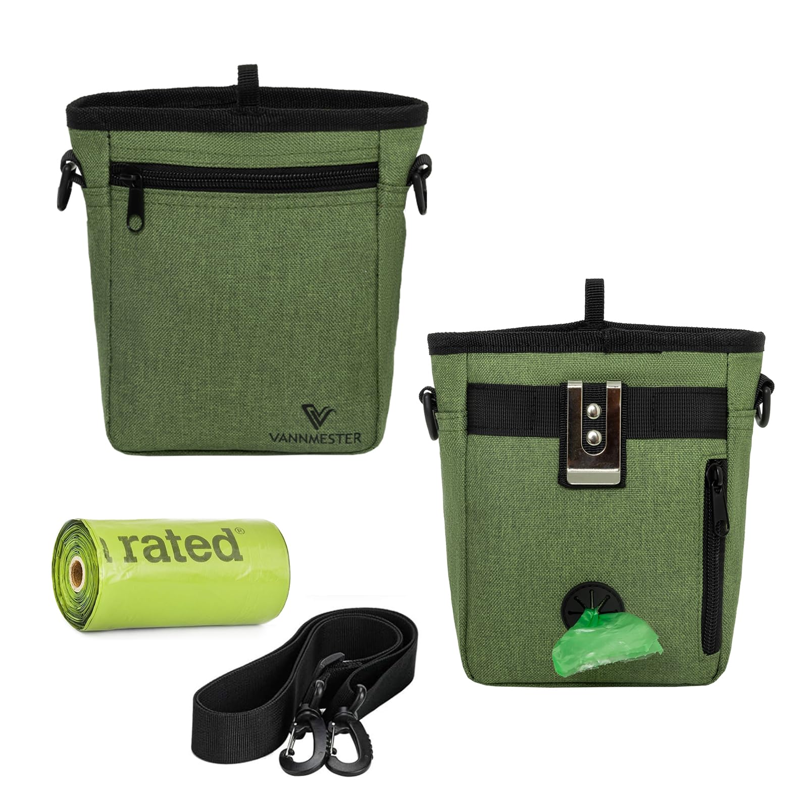 Dog Treat Pouch with Stronger Magnetic Closure Dog Treat Pouch 4 Cup Front Pocket fits All Phones Built-in Poop Bag Dispenser (Green)