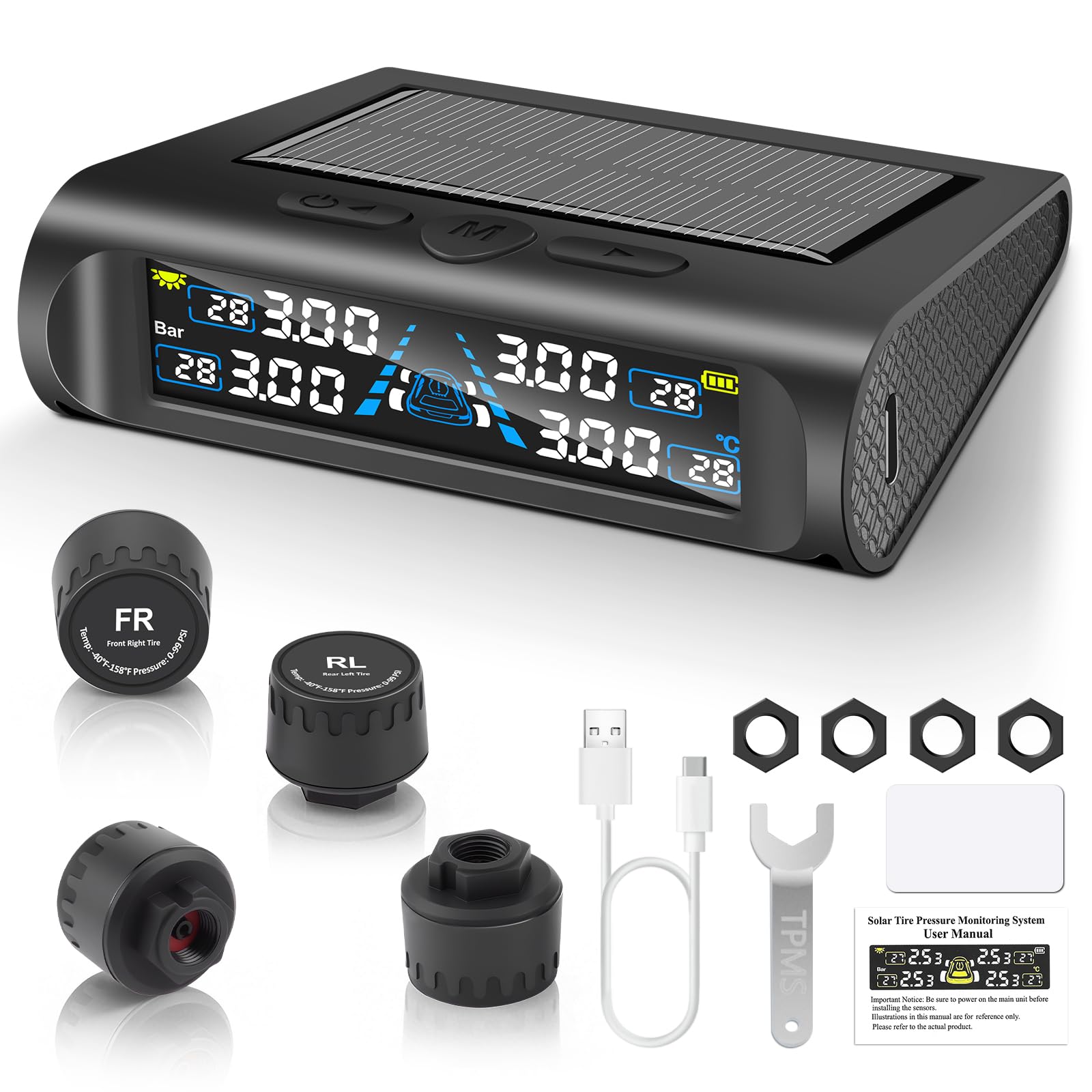 TPMS Sistema di monitoraggio della pressione dei pneumatici con traccia dinamica UL, monitor della pressione dei pneumatici solare con modalità di allarme, sensore impermeabile IPX7, 0-98 PSi