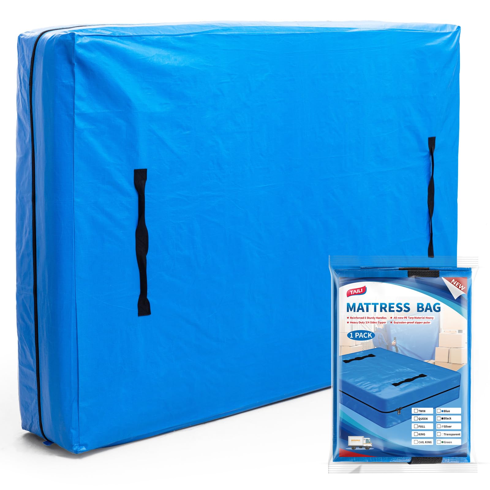 TAILI マットレスバッグ 引越し 収納 移動用 208×160×38CM シングル セミダブルサイズのベッドマットレスカバー 引越し収納袋 折り畳み 丈夫なハンドルに付き 防水シート家庭用 保管用 梱包保護カバー 繰り返し使用 1枚 ブルー