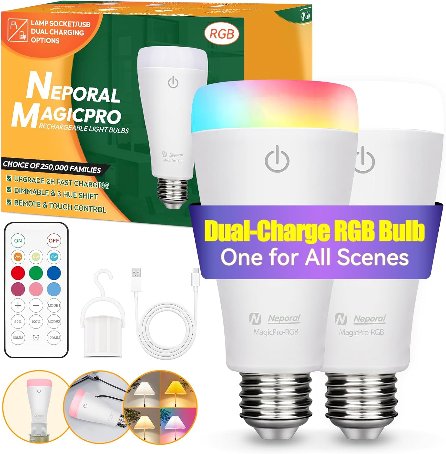 Neporal MAGICPRO-RGB Rechargeable Light Bulbs with Remote, RGB+3 Colors & Dimmable, USB & Socket Charging, 2H Fast Charge, 5–50H Runtime, No Wiring for Bedroom, Parties, Camping, 2PK(9W, A19, E26/E27)