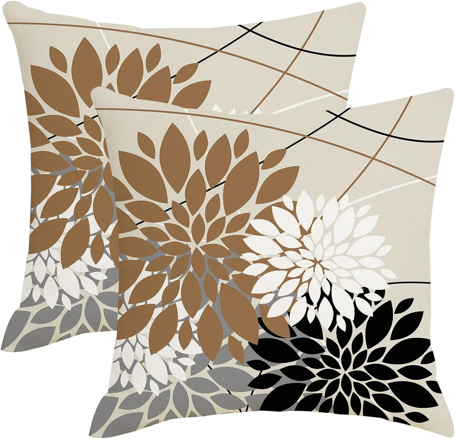 Brown Black and Grey Dahlia Floral Pillow Covers 18x18 Set of 2 Coffee White Outdoor Modern Geometry Flower Throw Pillows Cover Summer Farmhouse Linen