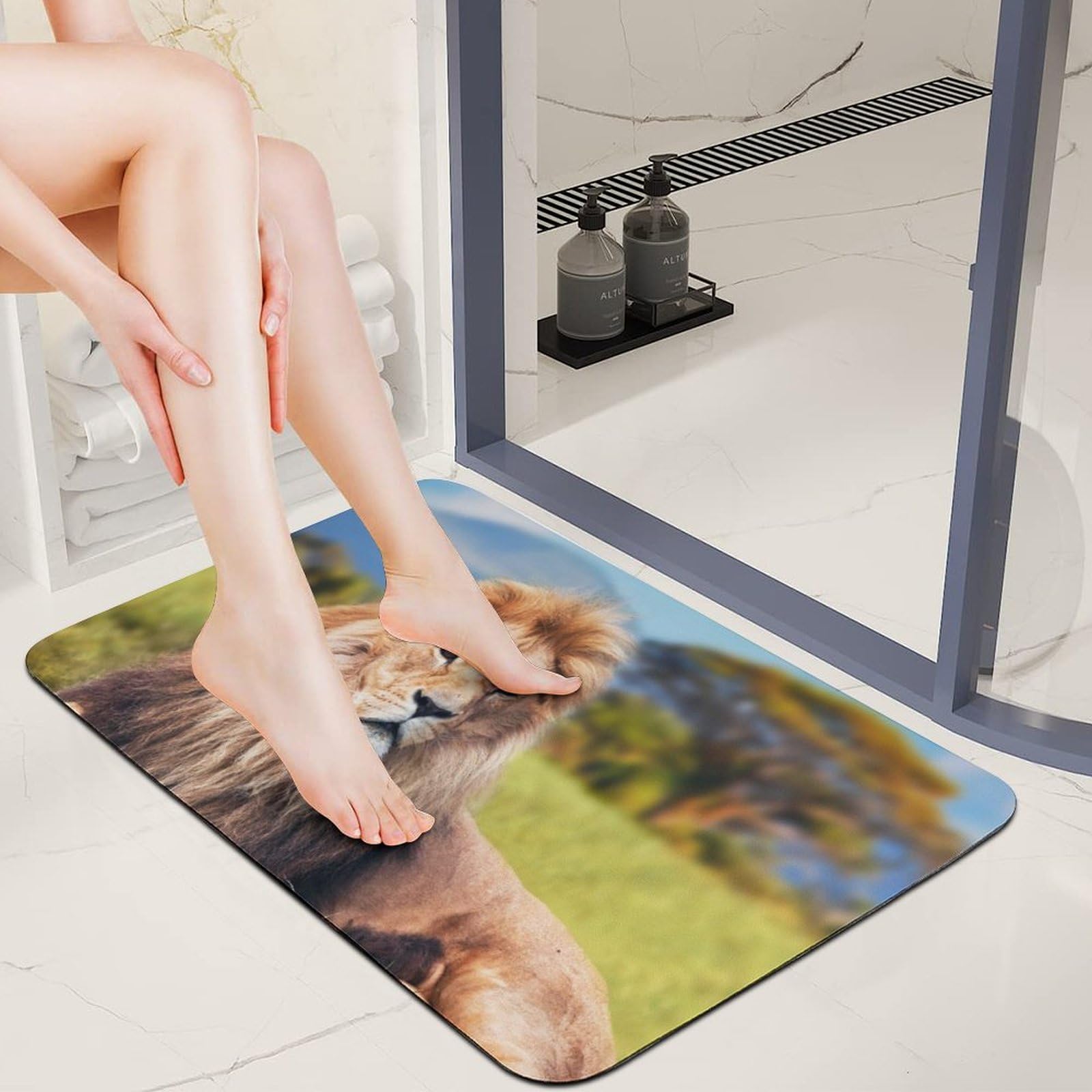 Tapis de bain diatomée lion africain pour sortie de douche sèche