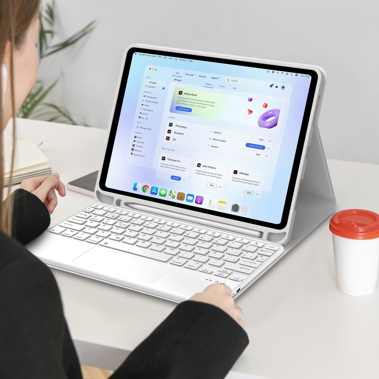 Teclado para iPad 11 Generación A16 2025/10 Gen 2022 (11/10.9 Pulgada) con Touchpad, Trackpad QWERTY Español Ñ, Keyboard Recargable Magnético Desmontable Bluetooth, Soporte para Lápiz, Gris claro