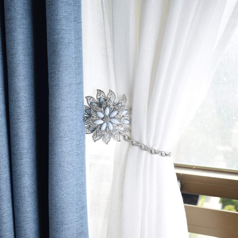 Mikomer 2PCS Magnetic Curtain Tiebacks Decorative Crystal Flower Shape Window Curtain Holdback Buckles Tie Backs Holders with Stretchable Wire Rope for Home and Office,Silvery+White
